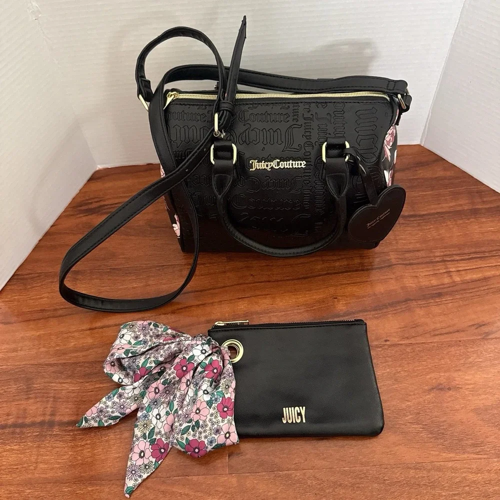 Juicy Couture Speedy Satchel Medium Crossbody Purse Black Floral Debossed Logo